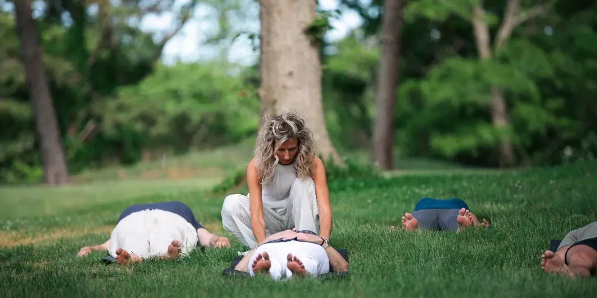 Outdoor breathwork session, from the existing Becca’s Bubble website imagery.
