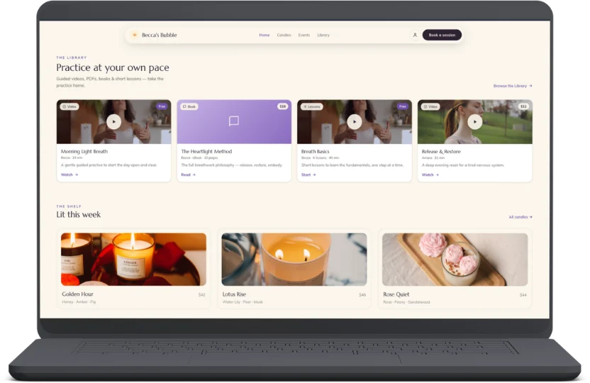 The Becca’s Bubble library on a laptop — guided video, book and lesson courses above a row of candles.
