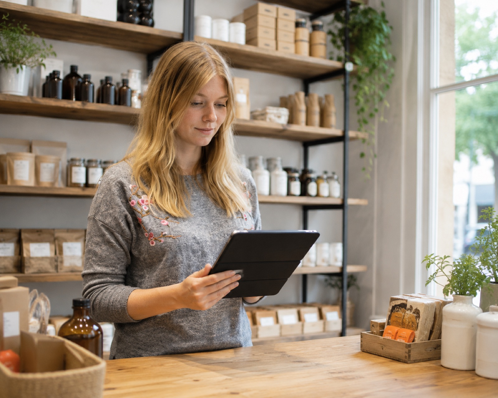 A retail shop owner checking stock on a tablet behind the counter