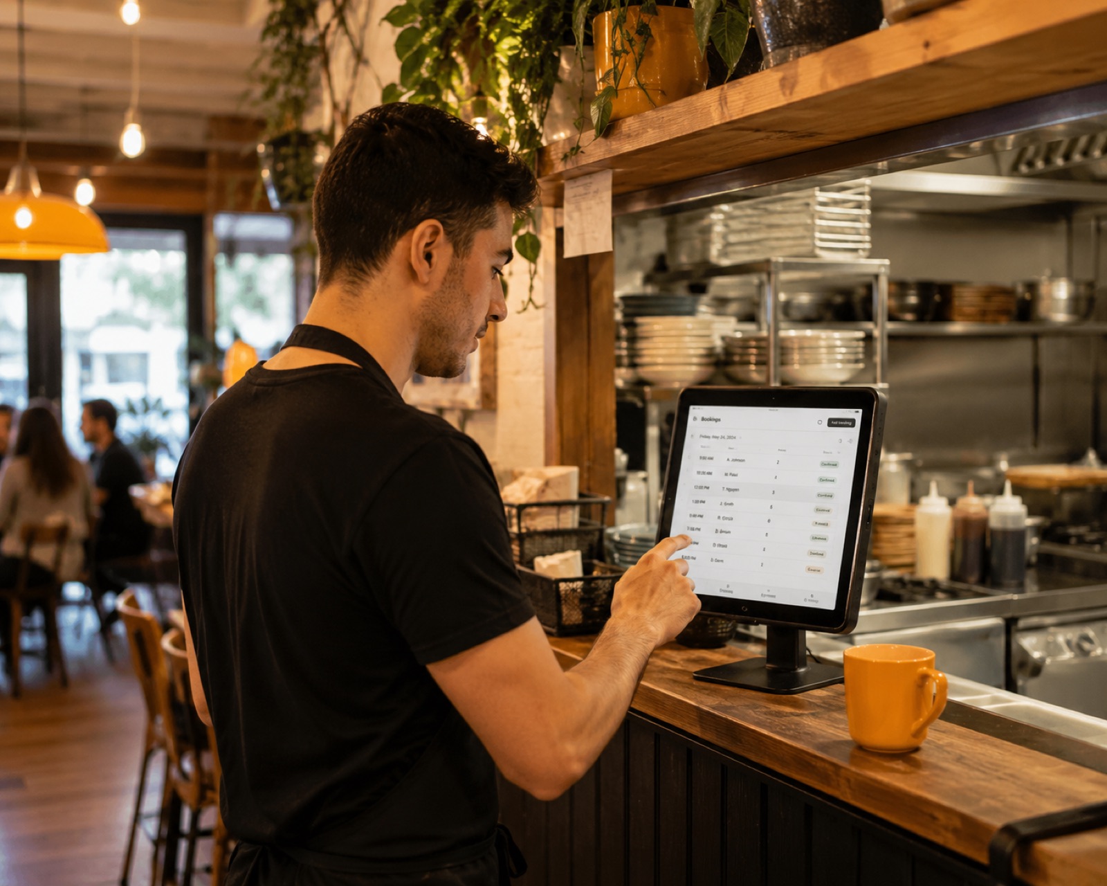 A café manager reviewing the day’s bookings on a screen by the pass